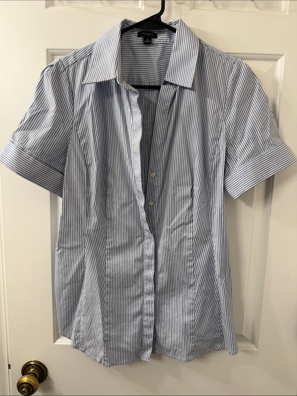 Ann Taylor Women's Light Blue and White Stripe Short-Sleeve Button-Down Shirt